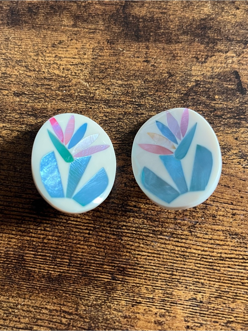 Iridescent Floral Inlay Oval Earrings - Blue & Pink